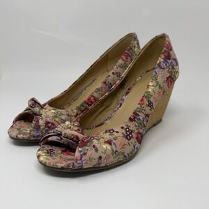 Nine West Shoes Women Size 9 1/2 Floral‎ Woven Wedge Heel Peep Toe Slip On